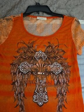 Angels & Diamonds Orange Lace-Sleeve Cross & Wing Tee